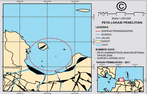 Gambar 6 Peta kawasan perairan Teluk Banten dan letak fishing ground rajungan   oleh nelayan Pelabuhan Perikanan Nusantara Karangantu 