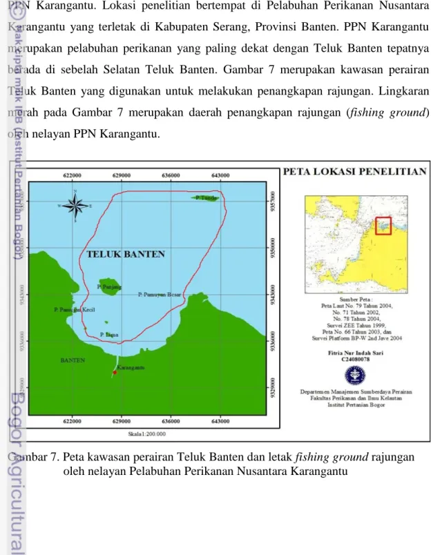 Gambar 7. Peta kawasan perairan Teluk Banten dan letak fishing ground rajungan  oleh nelayan Pelabuhan Perikanan Nusantara Karangantu 