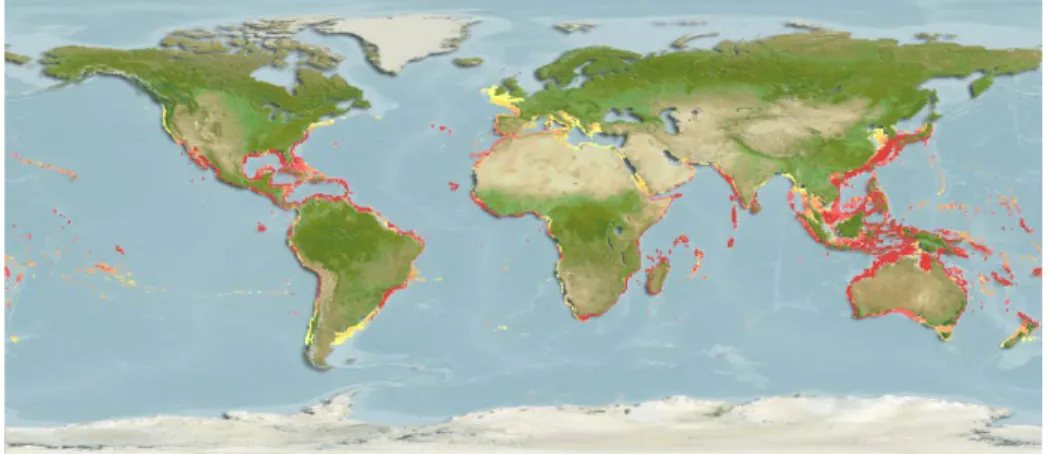Gambar 3. Peta Sebaran Ikan Tongkol (Auxis thazard) (www.fishbase.com, 2015)  Penyebaran tuna dan tongkol sering mengikuti sirkulasi arus,  kepadatanpopulasinya pada suatu perairan sangat berhubungan dengan arah arus  tersebut.Umumnya jenis-jenis tuna memp