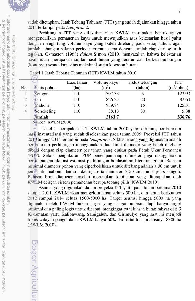 Tabel  1  merupakan  JTT  KWLM  tahun  2010  yang  dihitung  berdasarkan  hasil inventarisasi  yang sudah diselesaikan pada tahun 2009