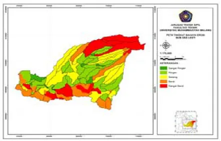 Gambar  4. Peta Tingkat Bahaya Erosi Per Sub DAS Lesti Tabel 11 Tingkat Bahaya Erosi Per Desa