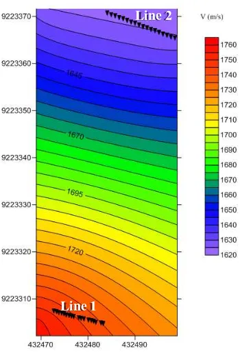 Gambar 4.1. Peta kontur kecepatan rambat gelombang seismik lapangan pertama. 