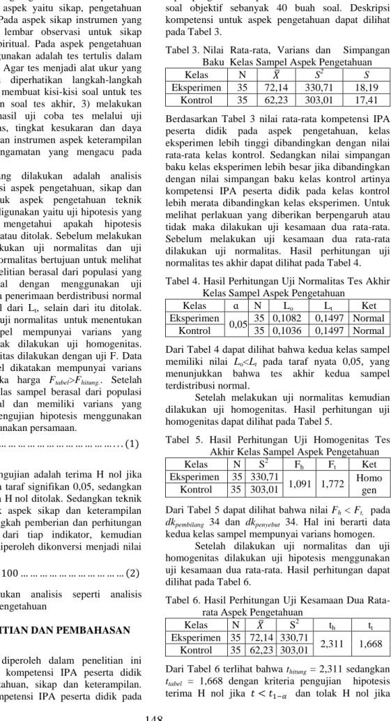Tabel 3.  Nilai  Rata-rata,  Varians  dan    Simpangan  Baku  Kelas Sampel Aspek Pengetahuan 