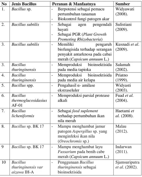 Tabel 2.1 Peran dan manfaat Bacillussp.pada berbagai bidang  