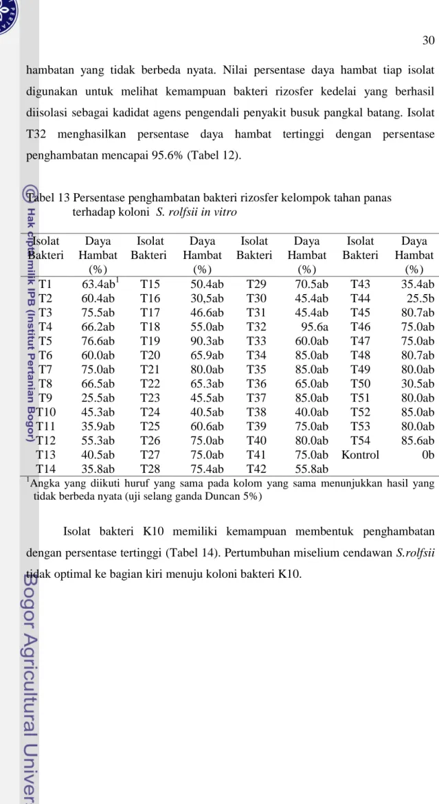 Tabel 13 Persentase penghambatan bakteri rizosfer kelompok tahan panas        terhadap koloni  S