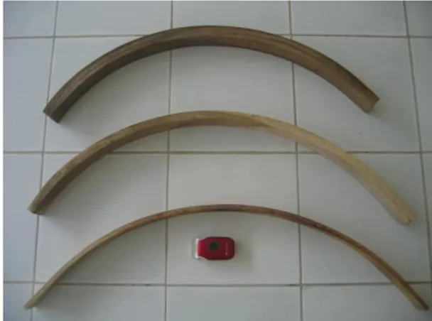 Figure 7. Acacia solid woods with 10 mm, 20 mm, 30   mm thickness that have successfully bent