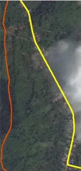 Gambar  diatas  menunjukkan  garis  merah  adalah  garis  batas  dari  Kepmendagri  sedangkan  garis  kuning  adalah  garis  batas  yang  diperbaiki  atau  ditarik  menggunakan  metode  kartometrik  sesuai  Permendagri  76/2012
