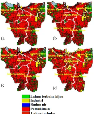 Gambar 1. Peta perubahan tutupan lahan:  lahan  terbuka  hijau,  industri,  badan  air,  pemukiman, lahan terbuka (dalam Ha)  di  Jakarta  pada  tahun  a)  1997,  b)  2004, c) 2009, d) 2012 8) 