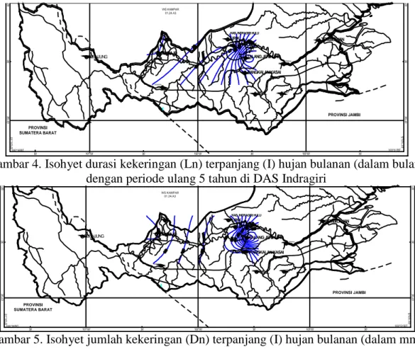 Gambar 5. Isohyet jumlah kekeringan (Dn) terpanjang (I) hujan bulanan (dalam mm)  dengan periode ulang 5 tahun di DAS Indragiri 