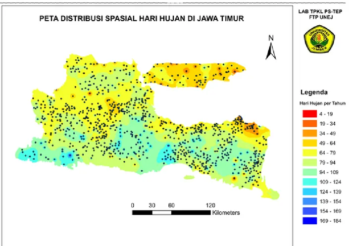 Gambar 22. Peta distribusi spasial hari hujan di Jawa Timur. Interpolasi menggunakan metode IDW