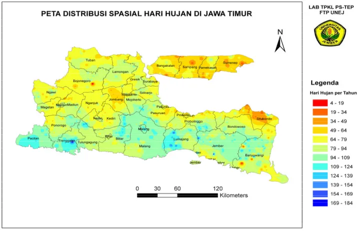 Gambar 23. Peta distribusi spasial hari hujan (HH) per Kabupaten/Kota di Jawa Timur.  