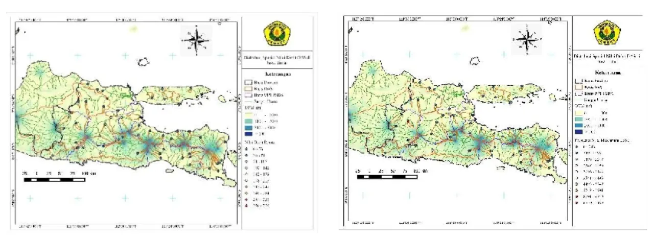 Gambar 8. Distribusi spasial nilai debit rerata dan maksimum DAS- DAS di Jawa Timur 