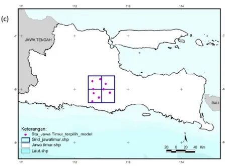 Gambar 17. Pemilihan   stasiun   hujan  dan grid  TRMM  wilayah Jawa Timur (a) Seluruh stasiun hujan, (b) stasiun hujan dengan ketersediaan data &gt;75%, (c) stasiun terpilih untuk model.
