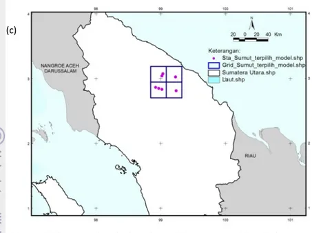 Gambar 19. Pemilihan stasiun hujan dan grid TRMM wilayah Sumatera Utara (a)Seluruh stasiun hujan, (b) stasiun hujan dengan ketersediaan data