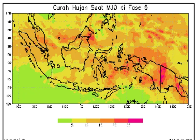 Gambar 6 Komposit TRMM MJO di fase 3  Curah  hujan  pada  Gambar  6  menunjukkan  terkonsentrasi  di  wilayah  Sumatera  Bagian  Utara