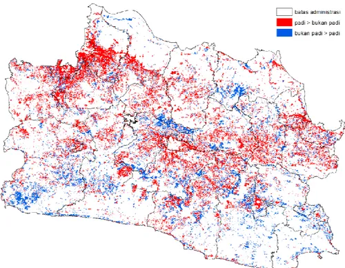 Gambar 8. Distribusi wilayah yang mengalami perubahan lahan dari sawah ke bukan sawah dan  bukan sawah ke sawah 