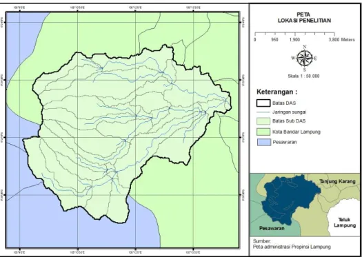 Gambar 1.  Peta lokasi penelitian (DAS Way Betung)  Figure 1. Map of research location (Way Betung watershed)