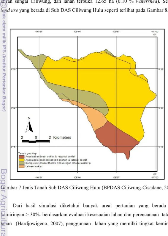 Gambar 7.Jenis Tanah Sub DAS Ciliwung Hulu (BPDAS Ciliwung-Cisadane, 2007) 