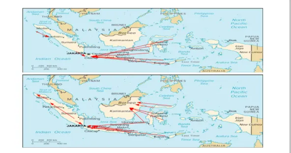 Gambar 1.  Perubahan peta tataniaga sapi lokal Indonesia tahun 90-an (atas) dan setelah tahun 90-an  (bawah) 