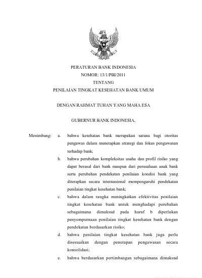 PERATURAN BANK INDONESIA NOMOR: 13/1/PBI/2011 TENTANG PENILAIAN TINGKAT ...