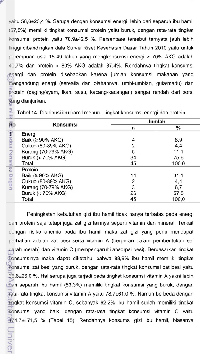 Tabel 14. Distribusi ibu hamil menurut tingkat konsumsi energi dan protein 