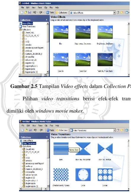 Gambar 2.5 Tampilan Video effects dalam Collection Pane  Pilihan  video  transitions  berisi  efek-efek  transisi  yang  dimiliki oleh windows movie maker