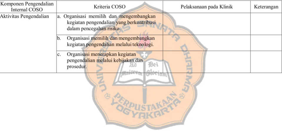 Tabel 2. Perbandingan Pengendalian Internal berdasarkan COSO dengan Pengendalian Internal berdasarkan Klinik  Pratama Mardi Waluyo