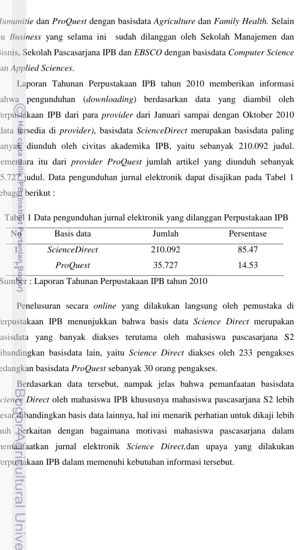 Tabel 1 Data pengunduhan jurnal elektronik yang dilanggan Perpustakaan IPB 