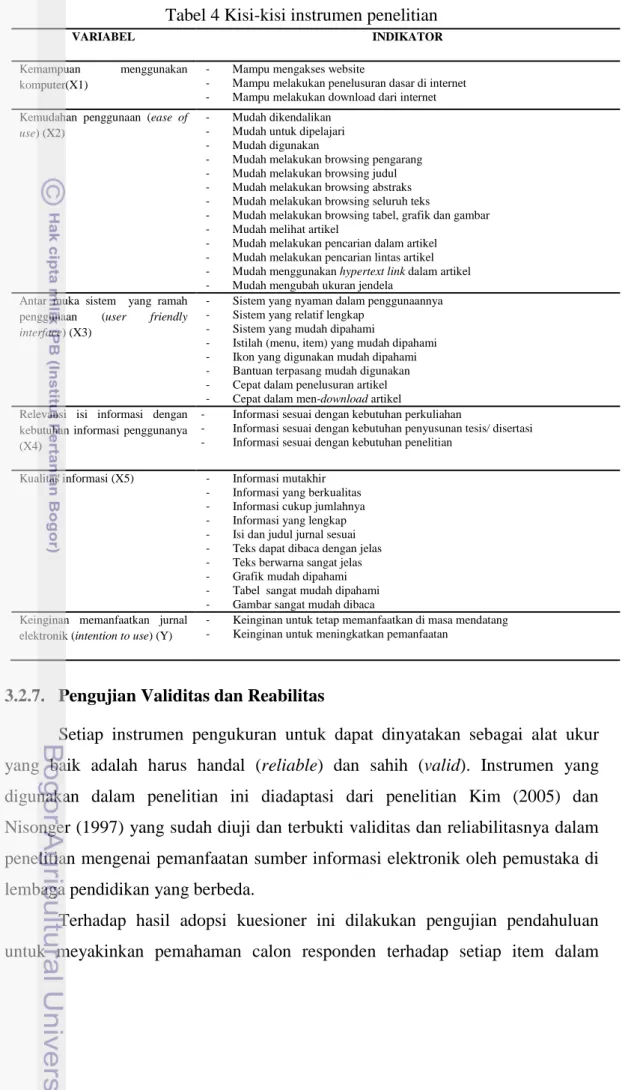 Tabel 4 Kisi-kisi instrumen penelitian 