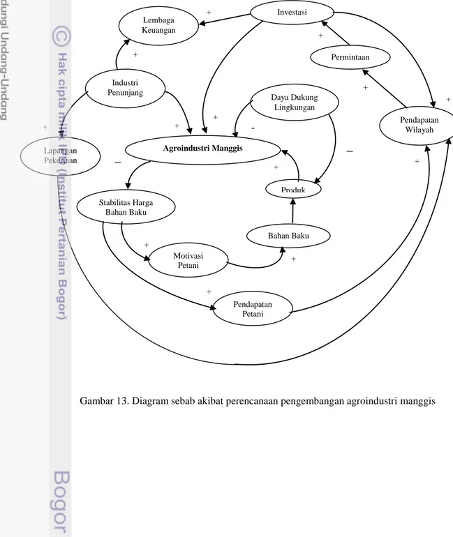 Gambar 13. Diagram sebab akibat perencanaan pengembangan agroindustri manggis Daya Dukung Lingkungan + + Agroindustri Manggis Stabilitas Harga Bahan Baku Motivasi Petani Bahan Baku Produk Pendapatan Petani + + Investasi Permintaan  Pendapatan Wilayah  + + 