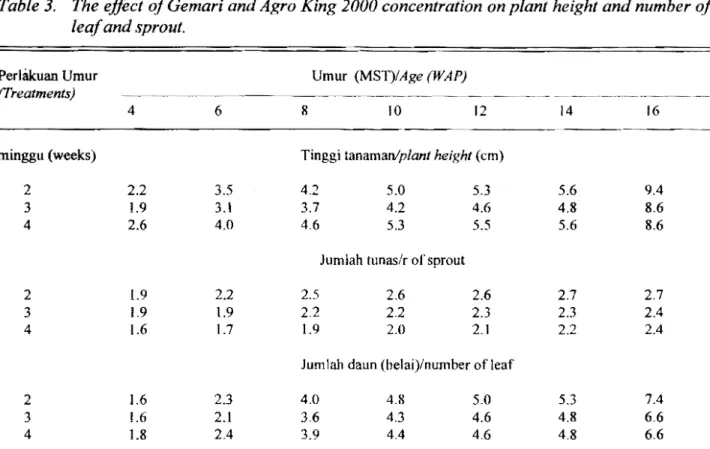 Tabel 3. 	 Pengaruh konsentrasi pupuk daun Gemari dan Agro King 2000 terhadap tinggi tanaman,  jumlah daun  dan  tunas