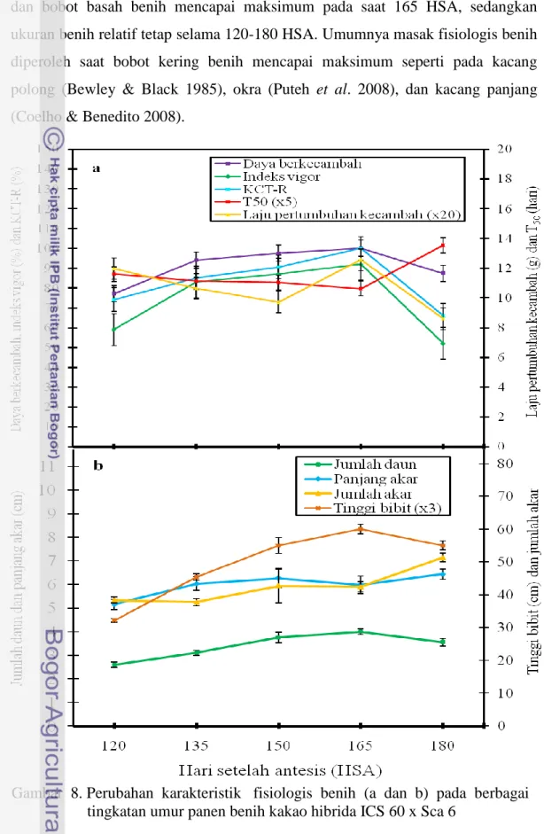 Gambar  8. Perubahan  karakteristik   fisiologis  benih  (a  dan  b)  pada  berbagai                      tingkatan umur panen benih kakao hibrida ICS 60 x Sca 6  