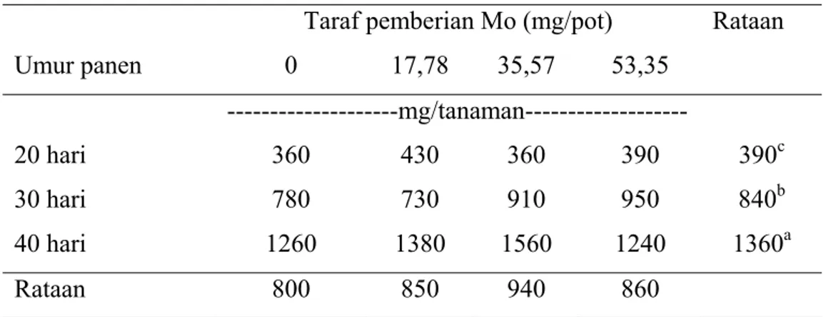 Tabel 10. Pengaruh taraf pemberian unsur hara Mo dan umur panen terhadap  berat  kering daun tanaman kedelai dengan media tanam pasir 