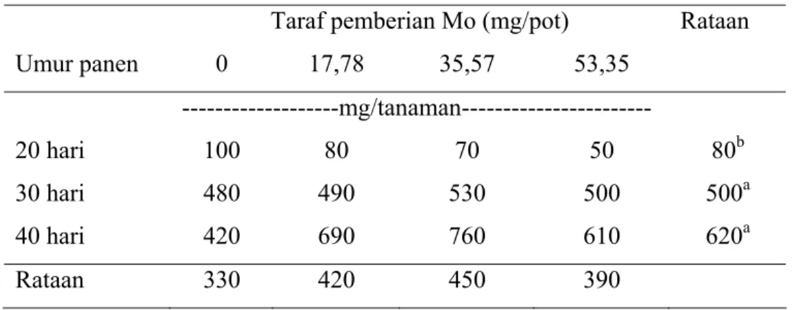 Tabel 11. Pengaruh taraf pemberian unsur hara Mo dan umur panen terhadap  berat  kering akar tanaman kedelai dengan media tanam pasir 