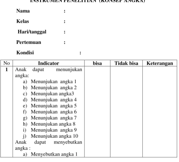 Tabel 1. Instrumen penelitian   INSTRUMEN PENELITIAN  (KONSEP ANGKA) 