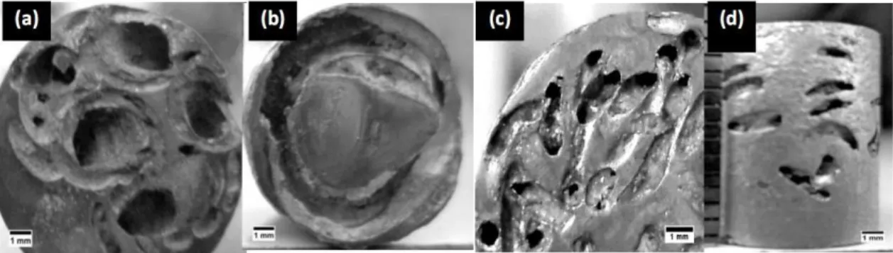 Gambar  5.  Foto  makro  dari  aluminum    berpori  dengan  variasi  bentuk  lubang  pori  yang  berasal dari space holder berbentuk (a) gabungan 2 mm dan 0,8 mm, (b) spiral 2  mm, (c) anyaman 0,8 mm (d) pandangan samping dari spesimen (c) 