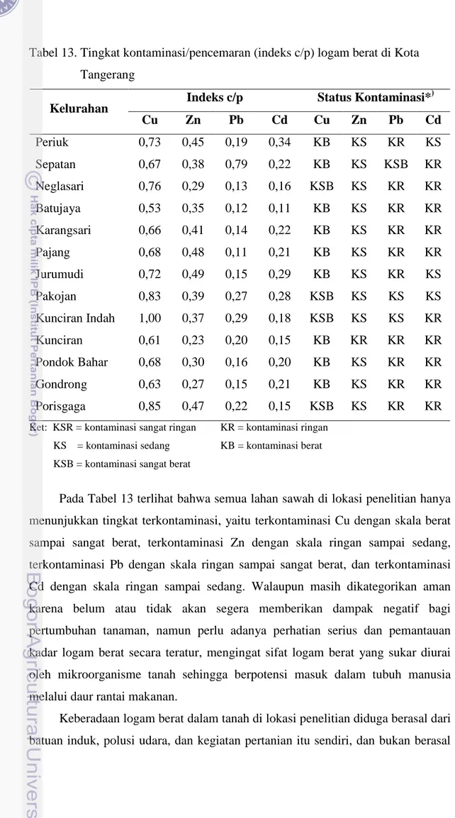 Tabel 13. Tingkat kontaminasi/pencemaran (indeks c/p) logam berat di Kota  Tangerang 