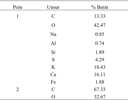 Tabel 1 Hasil pengujian EDX pada partikel C hasil pirolisa di poin 1 dan 2 foto SEM  Gambar 4 