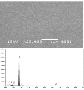Gambar 2 Hasil SEM dan EDAX dari sandwich NiCoFe/Cu/NiCoFe untuk ketebalan NiCoFe 62,5 nm dan  ketebalan Cu 14,4 nm