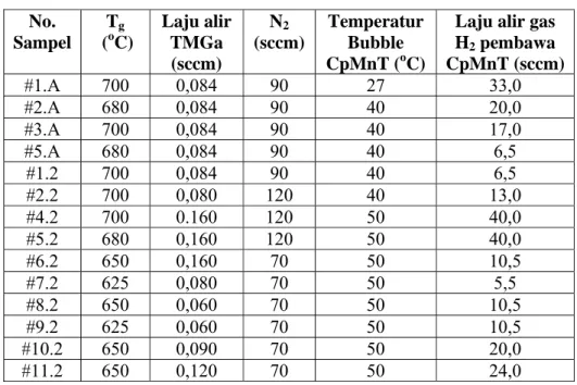 Tabel  1. Film GaN:Mn yang telah ditumbuhkan dan harga parameter yang  digunakan  No.  Sampel  T g (o C)  Laju alir TMGa  (sccm)  N 2 (sccm)  Temperatur Bubble  CpMnT (o C) 
