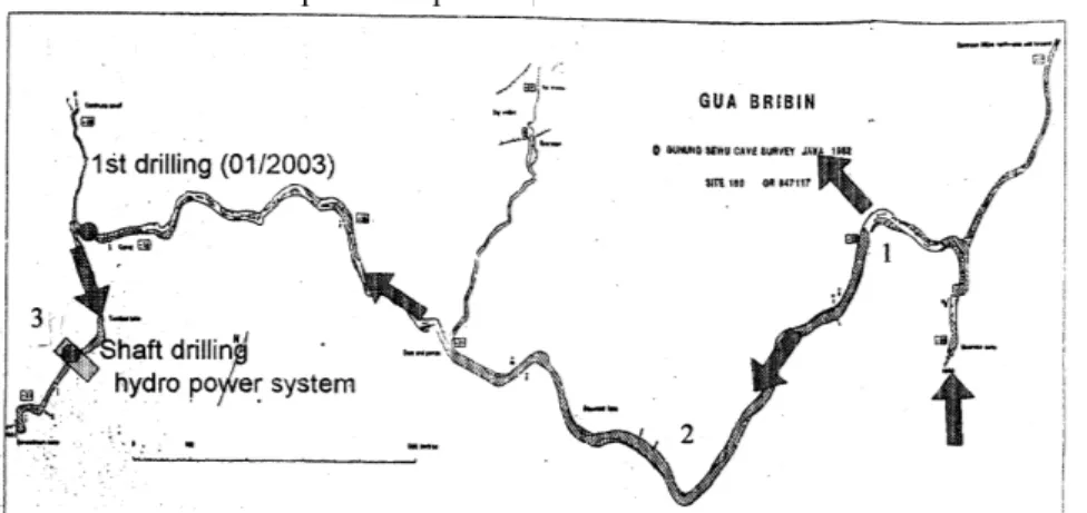 Gambar 1. Peta lokasi pengambilan sampel di sungai bawah tanah Bribin, Kab. G. Kidul Metodologi