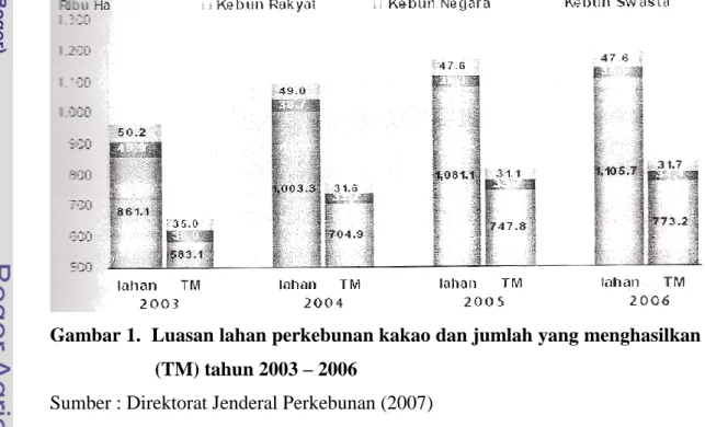 Gambar 1.  Luasan lahan perkebunan kakao dan jumlah yang menghasilkan  (TM) tahun 2003 – 2006 