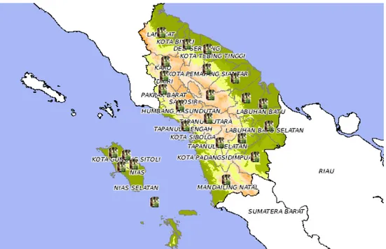 Gambar 4.  Peta penyebaran tanaman karet di Sumatera Utara