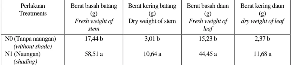 Tabel 4. Berat basah dan berat kering batang dan daun tanaman nilam pada umur 16  minggu setelah tanam