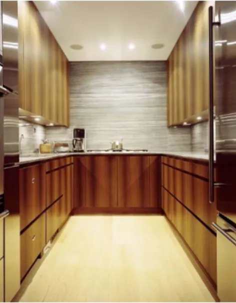 Gambar 5 Dapur yang diterangi oleh general lighting berupa titik-titik downlight pada plafon,  dan task lighting berupa titik-titik halogen pada bawah kabinet 
