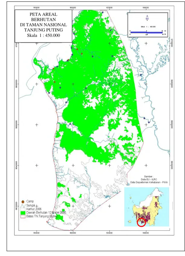 Gambar 5. Peta lokasi Taman Nasional Tanjung Puting     .  PETA AREAL BERHUTAN   DI TAMAN NASIONAL TANJUNG PUTING Skala  1 : 450.000 