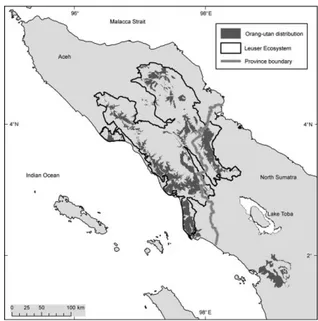 Gambar 2 Distribusi orangutan di Sumatera (abu-abu gelap). 