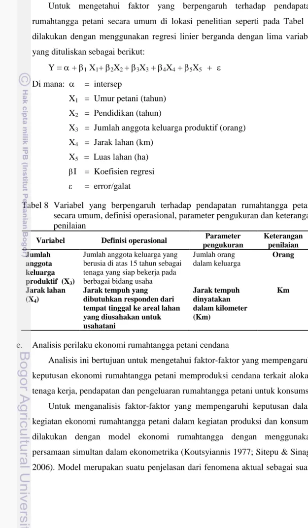 Tabel 8  Variabel  yang  berpengaruh  terhadap  pendapatan  rumahtangga  petani  secara umum, definisi operasional, parameter pengukuran dan keterangan  penilaian  