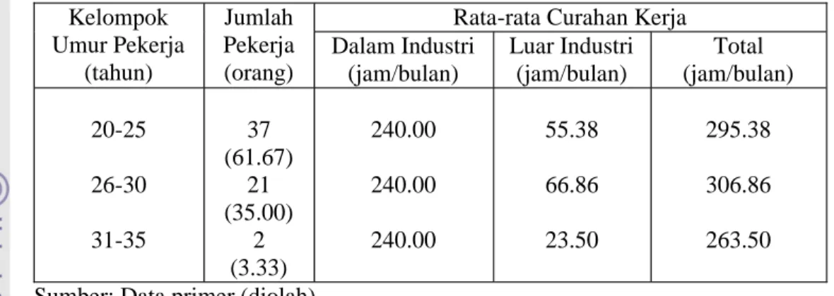 Tabel  14.  Rata-rata  Curahan  Kerja  Rumahtangga  Pekerja  Industri  Kecil  Sepatu Berdasarkan Kelompok Umur di Kecamatan Tamansari, Tahun 2007 Kelompok Umur Pekerja (tahun) JumlahPekerja(orang)