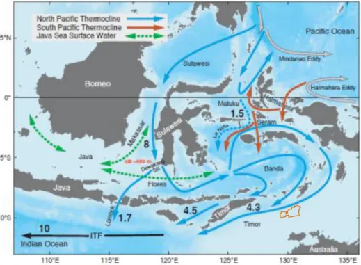Gambar 3.1  Celah Timor (Timor Passage) merupakan salah satu pintasan dari  Arus Lintas Indonesia (ARLINDO) atau Indonesian Through Flow  (ITF) yang bergerak dari Samudera Pasifik menuju ke Samudera 